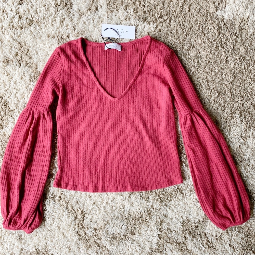 Sage The Label Balloon Sleeve Ribbed Crop Sweater